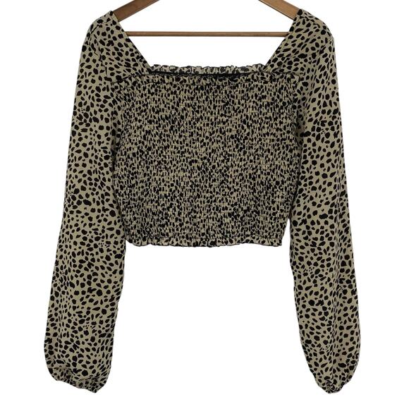 SHEIN Animal Print Smocked Body Balloon Sleeve Crop Top Size Large Square Neck - Picture 1 of 4